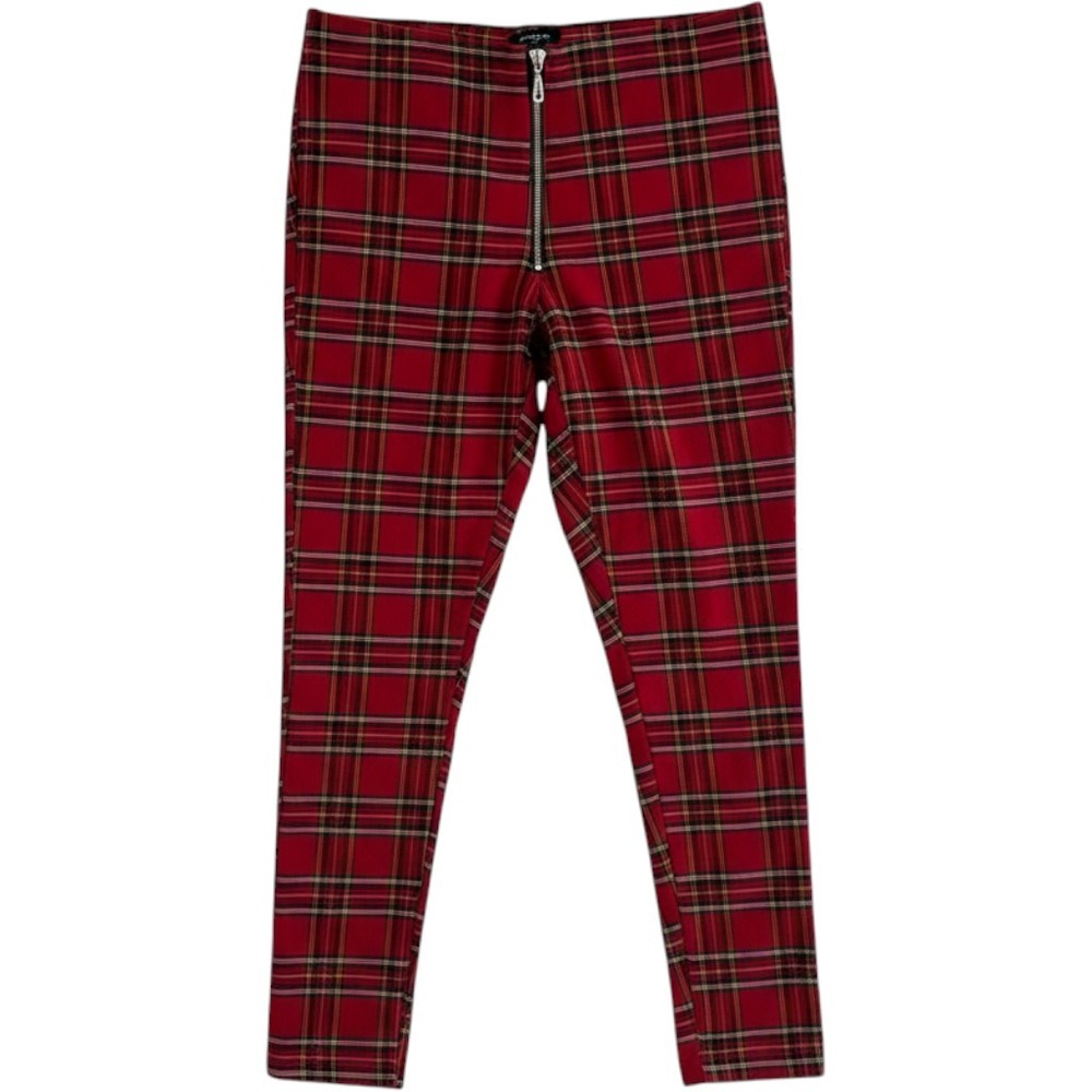 Zara Red Tartan Plaid Exposed Zipper Slim Pants High Rise Women Large